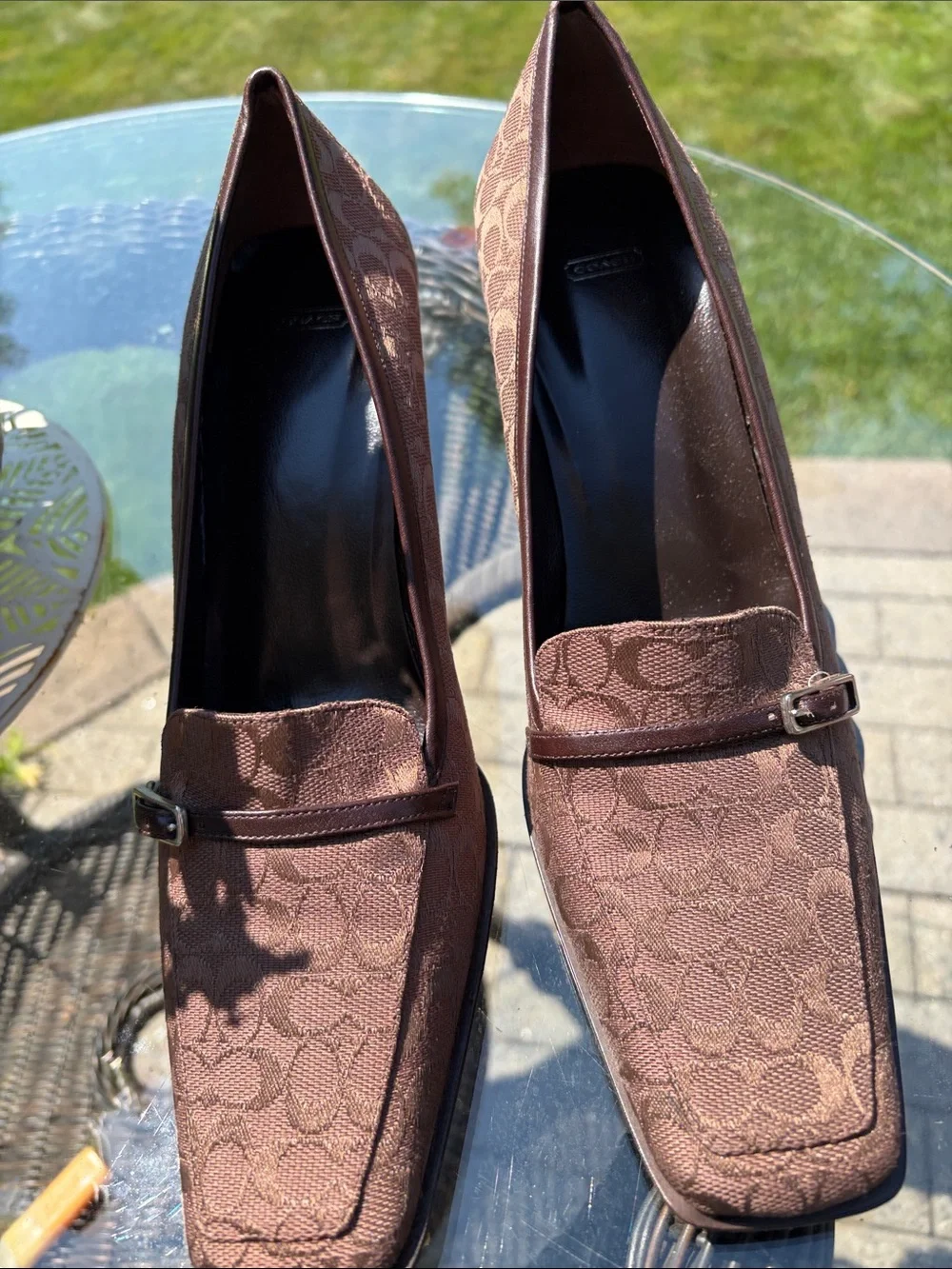 Coach Brown Logo Canvas Buckle Pump Heels